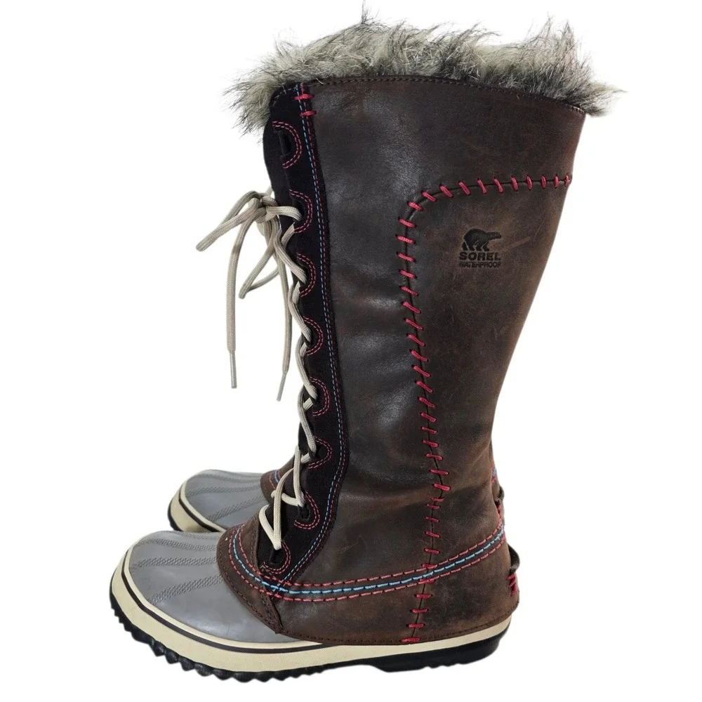 Sorel Tofino Winter Boots Women 6 Brown Leather Waterproof Faux Fur Snow NL1927